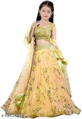 Kids printed pink lehenga choli set on mannequin, net fabric with floral embroidery, short sleeves, Indian traditional wear for kids