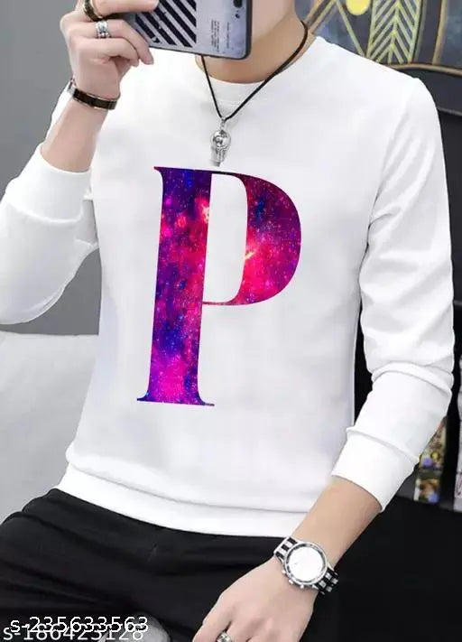 Glito printed white polyester round neck full sleeves T-shirt for men, vibrant design on display stand