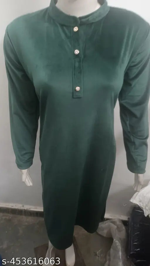 Green velvet winter kurti for ladies, premium soft fabric, knee-length with side pockets