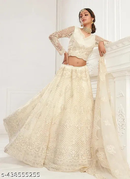 Peach-embroidered Alisha Petite women's lehenga set, featuring free size A-line net lehenga, choli, and dupatta for a stylish Indian traditional look