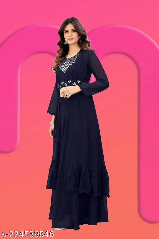 Stylish Georgette gorgette top & bottom set with heavy Malai crepe inner, sleeveless, Indian-made fashion apparel for women