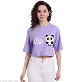 Lavender cotton-blend panda crop top for ladies, chic and breathable style