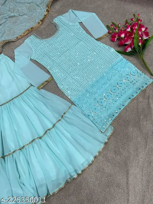 Embellished Georgette dupatas set with kurta and bottomwear, Indian traditional outfit for XL or XXL sizes