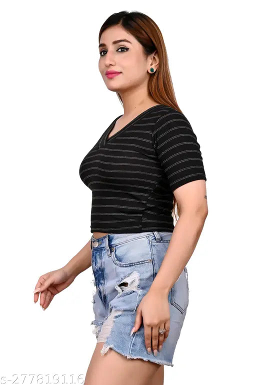 Black striped cotton crop top with V-neck and short sleeves for women, high quality and affordability from Samaay Fashion, India