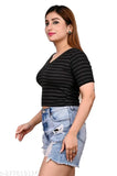 Black striped cotton crop top with V-neck and short sleeves for women, high quality and affordability from Samaay Fashion, India