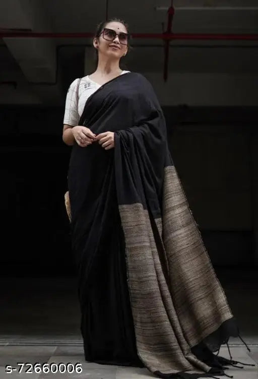 Solid cotton saree in free size (5.5m), Indian traditional running blouse in matching cotton (0.8m)