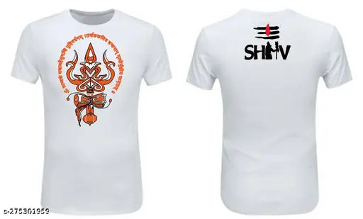 White polyester round neck t-shirt with sublimation printing of Trishul, Mahadev, and Mahakal. Short sleeves, available in sizes S-XXL