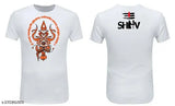 White polyester round neck t-shirt with sublimation printing of Trishul, Mahadev, and Mahakal. Short sleeves, available in sizes S-XXL