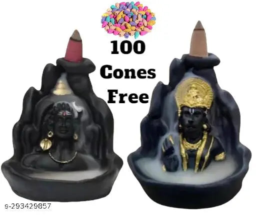 Adorn your home with the PICKARTME Combo Adiyogi & Hanuman Ji Smoke Fountain, includes 100 cones. Indian poly resin god idols, approx. 15cm x 10cm x 18cm