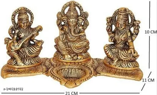 Gold-plated Laxmi Ganesh Saraswati idol, 18x7x10 cm decorative showpiece for home or temple, handcrafted in India
