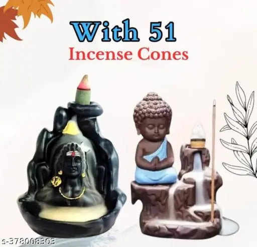 Resin PMR Combo of Lord Shiva and Lord Budha ji Backflow Fountain Adiyogi Smoke Fountain Statue (India), includes 51 backflow sticks (Pack of 2)