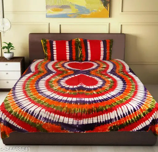 Handmade tie-dye 100% cotton double bedsheet with 2 pillow covers, batik print, superfine quality, adult-sized, soothing multi-colored design, long-lasting and breathable for all seasons. Indian origin