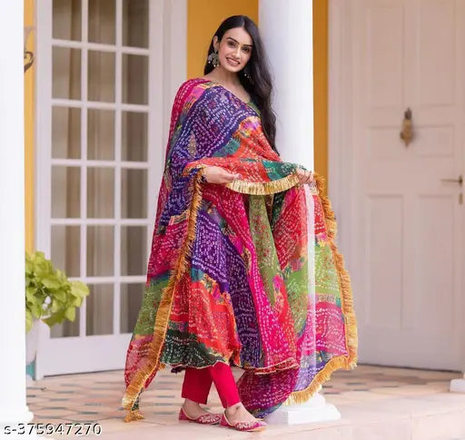 Long Georgette Anarkali Gown with Dyed/Washed Net Duppata, new designer style for women in M, L, XL, XXL