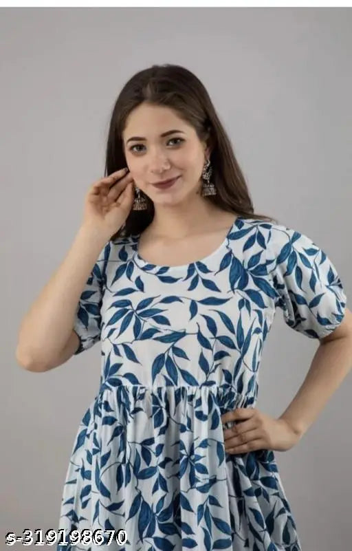 Blue rayon printed gown for women and girls, casual to party wear