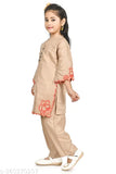 Brown polycotton embroidered net kids kurti pant set with three-quarter sleeves, medium size. Kids wearing traditional Indian clothing on display rack