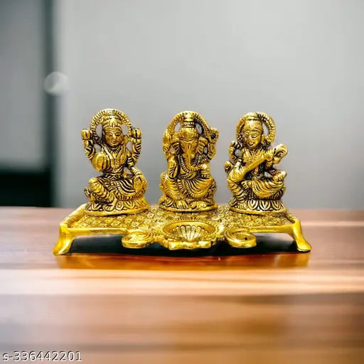 Brass decorative Laxmi, Ganesh, Saraswati idols with diya, golden finish, Indian origin
