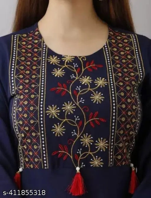 Blue rayon kurti for women and girls, three-quarter sleeves, solid design, India origin