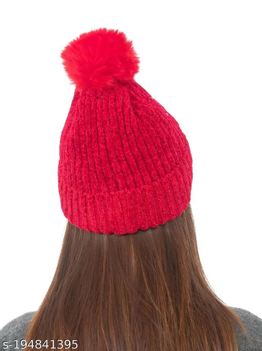 Soft pearl knitted wool beanie, fur-lined with pom pom – cozy winter accessory for women, velvet wool yarn from China