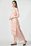 New floral print rayon kurta and palazzo set, three-quarter sleeves, printed net design, Indian couple's outfit