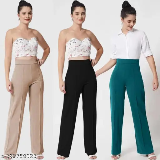 Cotton blend women's high-rise bootcut trouser pants combo, solid color, flared silhouette, Indian origin (3 pack: sizes 26, 28, 30)