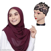 Maroon heavy chiffon hijab & cap (pack of 2) - Indian traditional attire