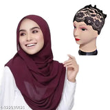 Maroon heavy chiffon hijab & cap (pack of 2) - Indian traditional attire