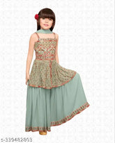 Georgette sharara set for girls, embellished anarkali top with sleeveless fitting, poly georgette dupatta, and sharara bottom – party wear for birthday celebrations and festivals