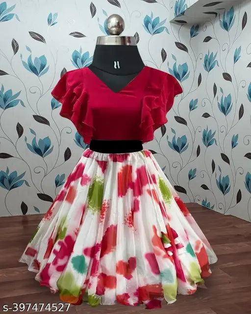 Multi-color georgette kids lehenga choli with three-quarter sleeves and digital flower print, featuring trendy designer ethnic wear for 3-8 year old girls. Indian origin