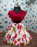 Multi-color georgette kids lehenga choli with three-quarter sleeves and digital flower print, featuring trendy designer ethnic wear for 3-8 year old girls. Indian origin