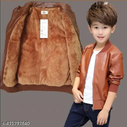 Leather kids bomber jacket with fur inside, solid pattern, long sleeves. Kids wear accessory from India
