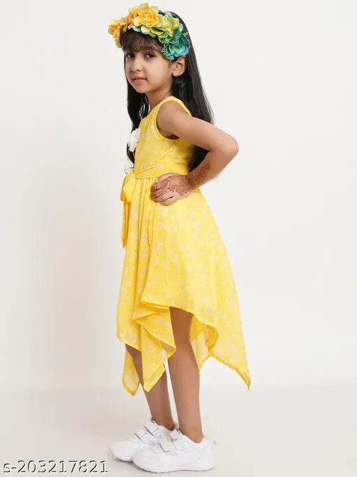 Girls' yellow sleeveless printed net festive/wedding dress, polyester material, sizes 9-12 months, 8-9 years, 13-14 years, and 14-15 years (bust size 10 inches), made in India
