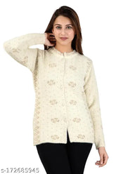 Women's white rabbit hair wool sweater, long sleeves, printed pattern - soft & warm winter fashion from India