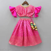 Silk and jacquard kids lehenga choli with short sleeves, zari woven pattern, stitched net, available in sizes 1-2 years, 3-4 years, 5-6 years, 7-8 years, 9-10 years. Indian handcrafted traditional wear." (118 characters)