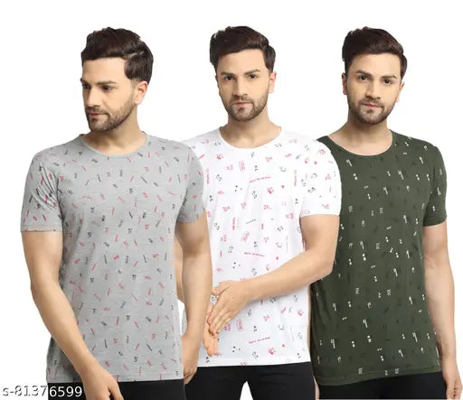 Grey cotton short-sleeved typography round t-shirt pack 3 - Vimal Jonney Men's graphic printed tees, India origin