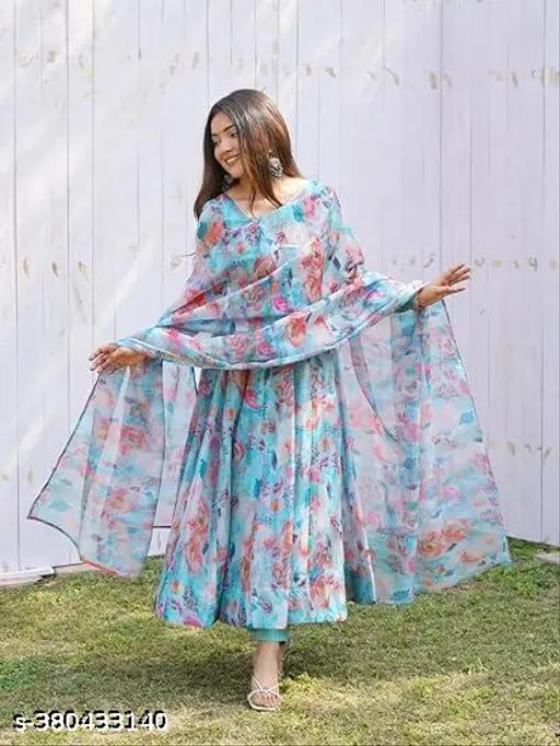 Georgette printed combo, full-length ankle belt with dupatta - Indian fashion accessory for women (S: 36in bust/52in size length)
