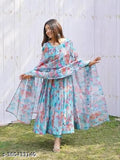 Georgette printed combo, full-length ankle belt with dupatta - Indian fashion accessory for women (S: 36in bust/52in size length)