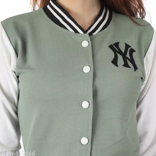 Black colorblocked polyester full sleeve varsity jacket, cropped style for women and girls, Korean-inspired fashion