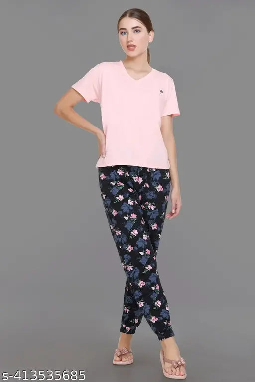 Women's printed cotton night suit set, short sleeve pyjamas in solid color, includes 2 pieces (S-XXXL) - Indian made sleepwear loungewear