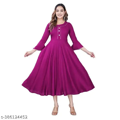 Pink solid rayon women's anarkali flared kurti in M (30in bust), three-quarter sleeves, Indian fashion trend