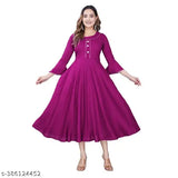 Pink solid rayon women's anarkali flared kurti in M (30in bust), three-quarter sleeves, Indian fashion trend