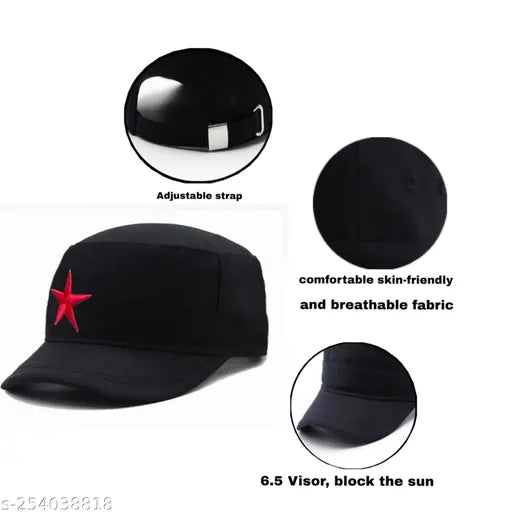 Black cotton baseball cap with embroidered red star, 100% cotton, machine washable, adult size XL, high quality, India origin