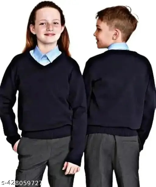 Navy blue wool V-neck sweater for kids, solid pattern, ideal for school wardrobe