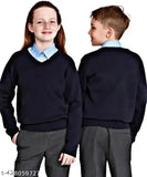 Navy blue wool V-neck sweater for kids, solid pattern, ideal for school wardrobe