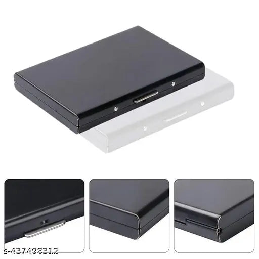 Black steel aluminum men's card holder, 6 card slots. Sleek, stylish, and sturdy credit card organizer. ULTRA SLIM AND PORTABLE for daily use or travel. Indian-origin accessory with ultimate card protection