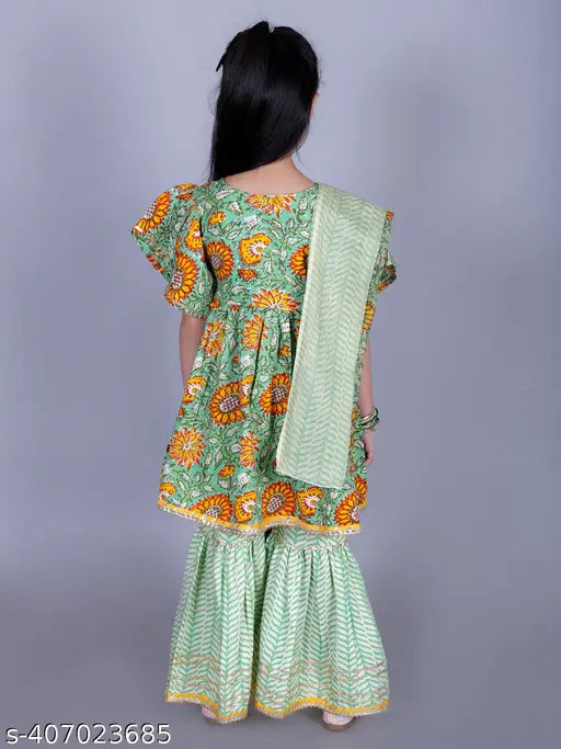 Green cotton floral print Anarkali/Flared Kurta Sharara & Dupatta Set. Soft, breathable 90% cotton fabric for comfortable casual wear for girls aged 18 months to 10 years. Multiple sizes available from India