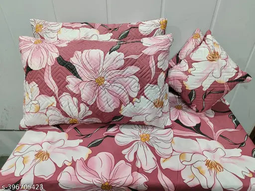 Multicolor floral print cotton 5PC bedsheet set (1King, 2 embroidered pillow covers, 2 cushions), heavy quality for adult bedroom decor