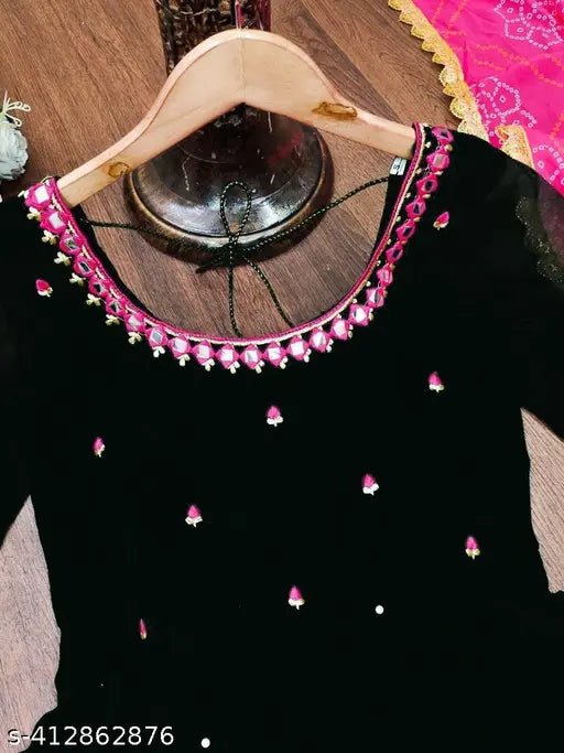 Black bandhani Georgette dupatta, solid net, long sleeves. Indian traditional women's fashion accessory on display