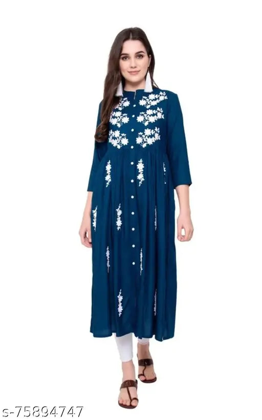 Doisa blue rayon kurti, embroidered women's fashion, high-quality Indian-made clothing