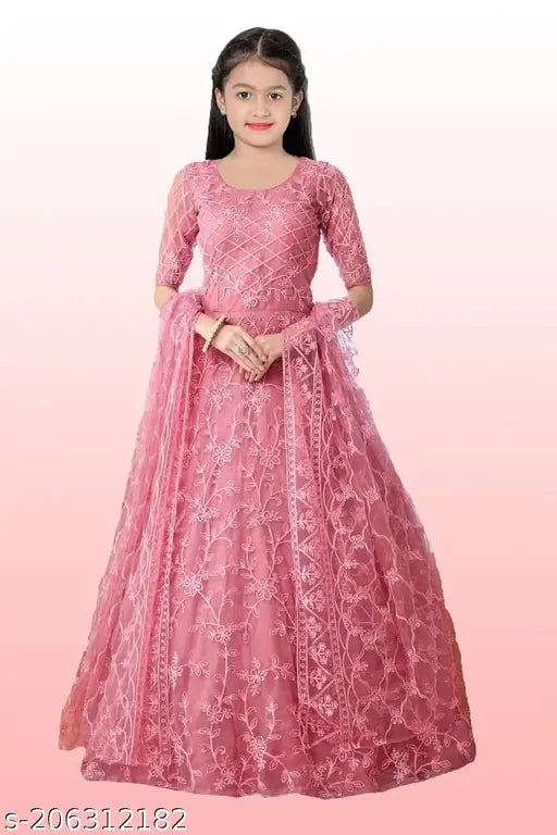 Pink net gown with embroidered thread work, fancy kids' party attire (10-11 years, 11-12 years, 12-13 years), handcrafted in India