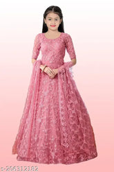 Pink net gown with embroidered thread work, fancy kids' party attire (10-11 years, 11-12 years, 12-13 years), handcrafted in India